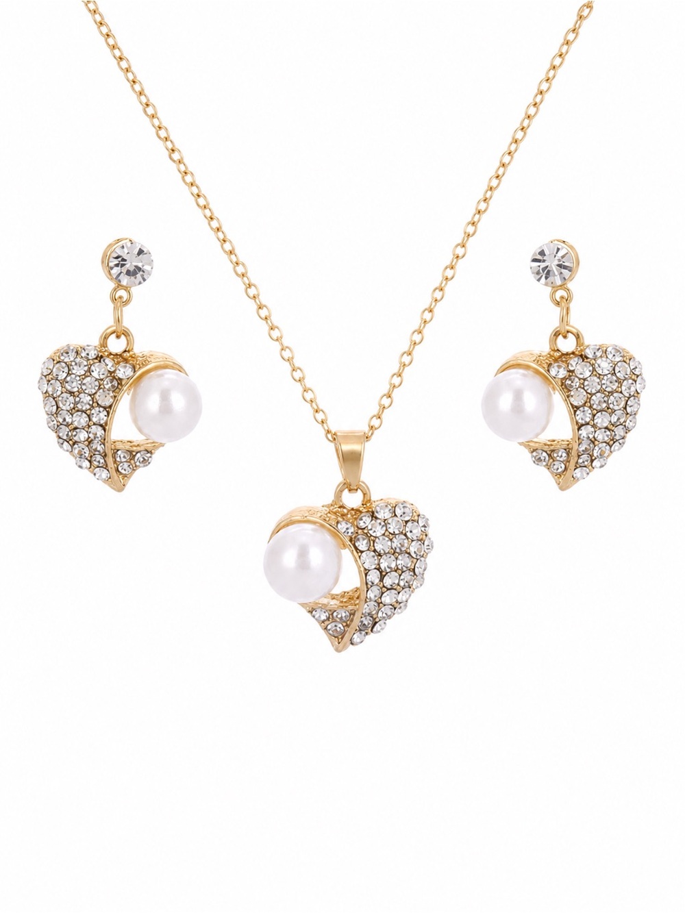 Necklace & Earrings Set Heart Shape Rhinestones & Pearls Pierced Earrings NWT